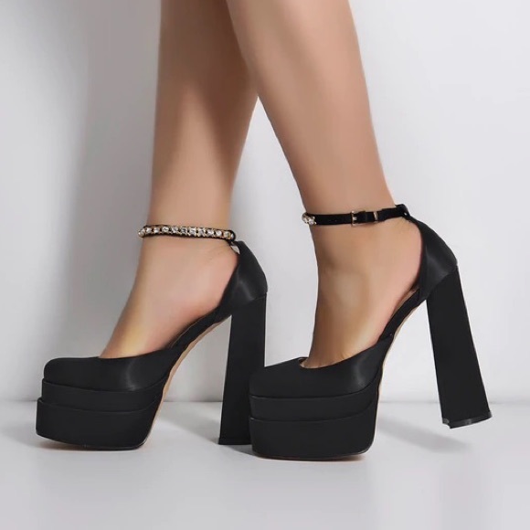 Black Silk-like Rhinestone Platform Chunky High Heels Pumps - Picture 6 of 7